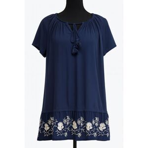 Navy Blue Boho Peasant Blous Women’s Short Sleeve Tassel Tie TopEmbroidered Hem